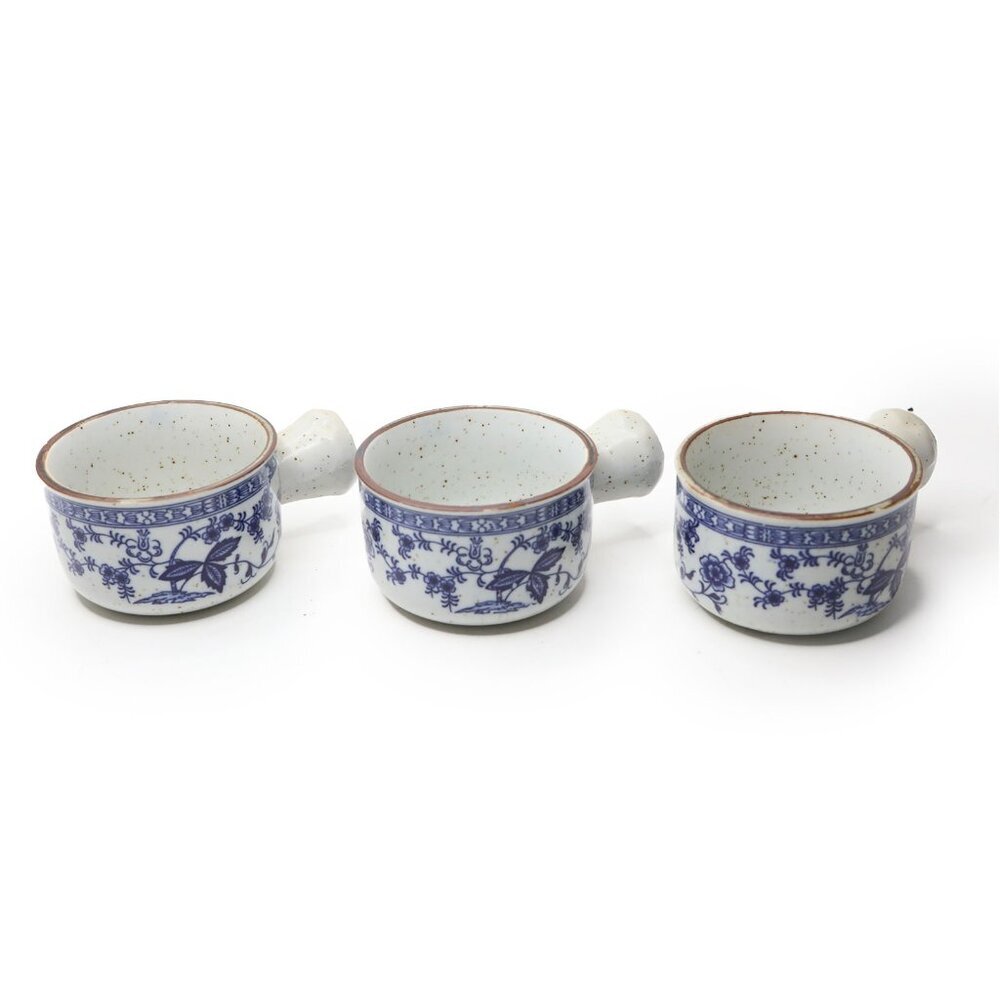 Vintage Mid Century Japanese Speckled Stoneware Tea Mugs White Blue Floral  x 3